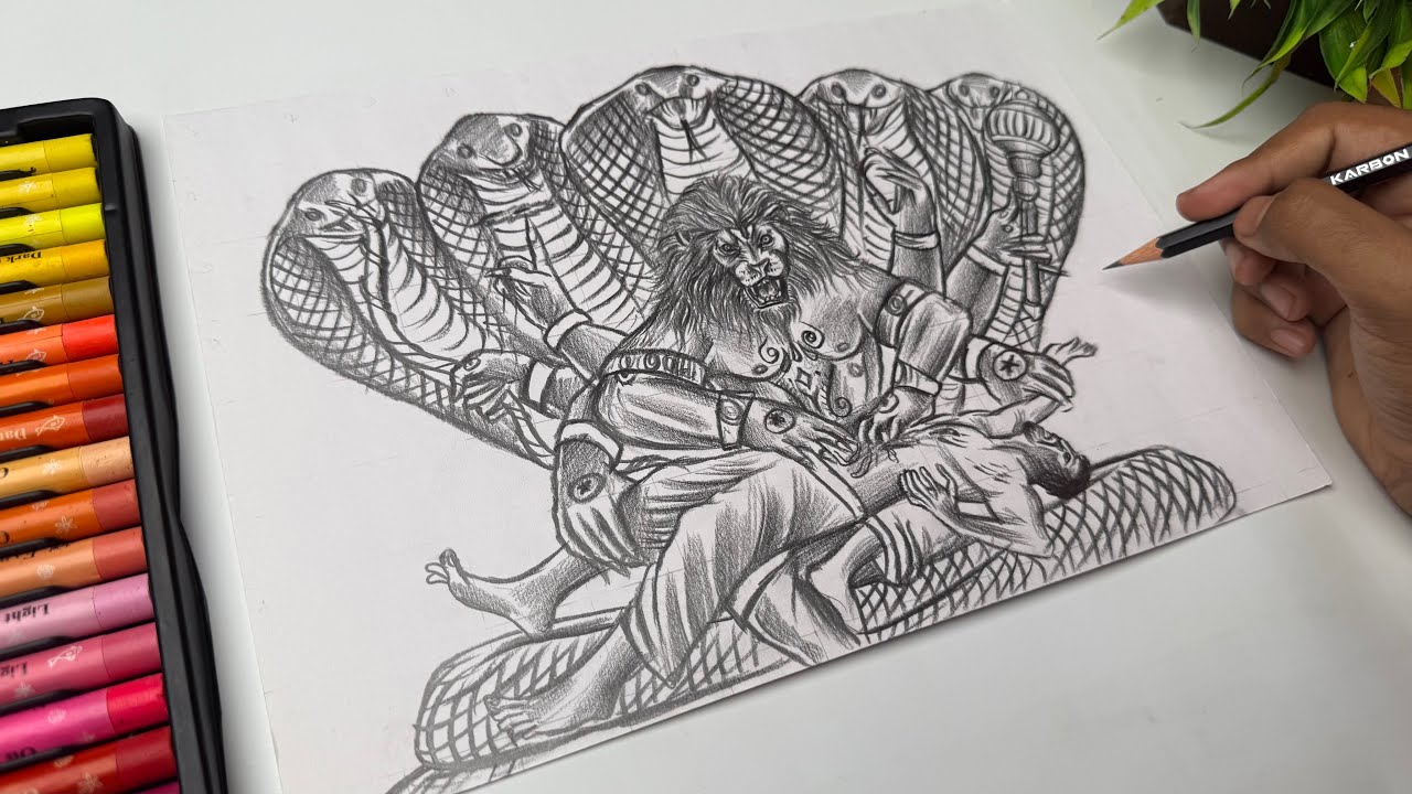 Lord Narsimha Drawing, Mahavatar Narsimha Drawing, Outline Drawing