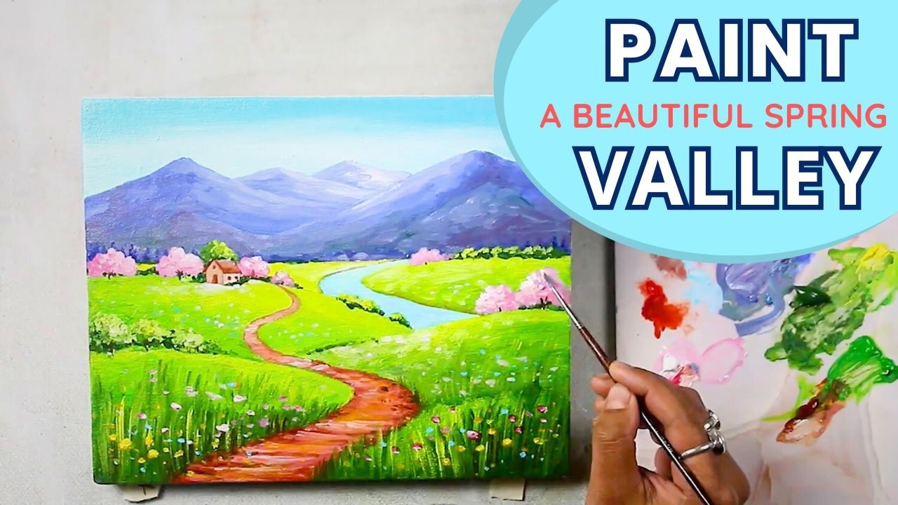 Easy Spring Landscape Acrylic Painting | Path, River & Flowers for ...