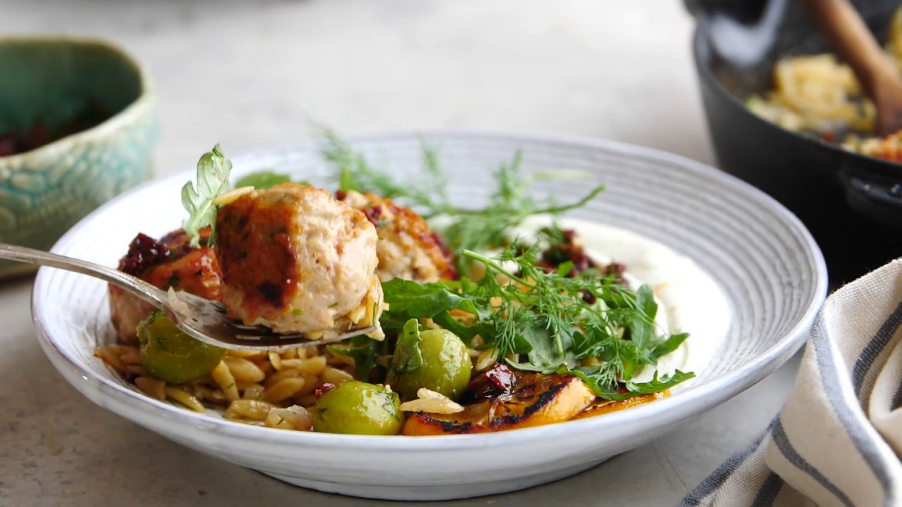 One skillet greek meatballs and lemon butter orzo with whipped feta