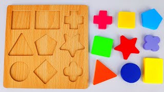 Wood Figures Puzzling Puzzling. Game For Kids & Toddlers. Geometric Shapes In English For Babies