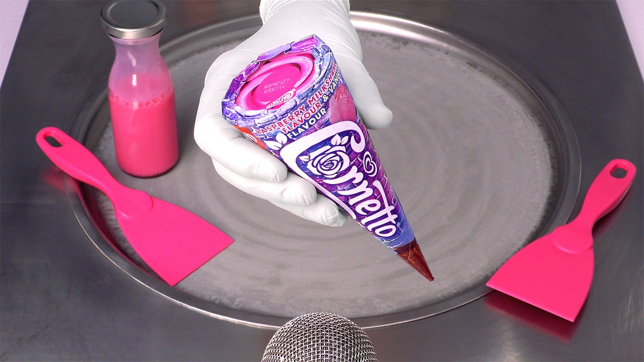 Rose Ice Cream Rolls Ice Cream Cone with Raspberry