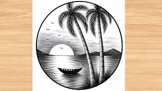 How to Draw Easy Sunset Scenery in a Circle | Pencil Sketch Step by Step 🌅✏️
