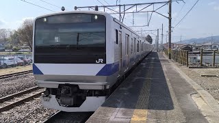 E531系 K456編成 水戸線普通電車友部行ワンマン列車が岩瀬駅1番線に入線するシーン