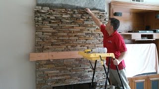 http://www.RockTheFireplace.com/ pt 2 Stone Fireplace featuring New Wood Mantle. Thin Natural Stone Veneer Installation. The 