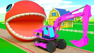 Learn Colors With Pacman Vs Excavator Trucks - Surprise Toys Pacman Colors Game - Pacmanz