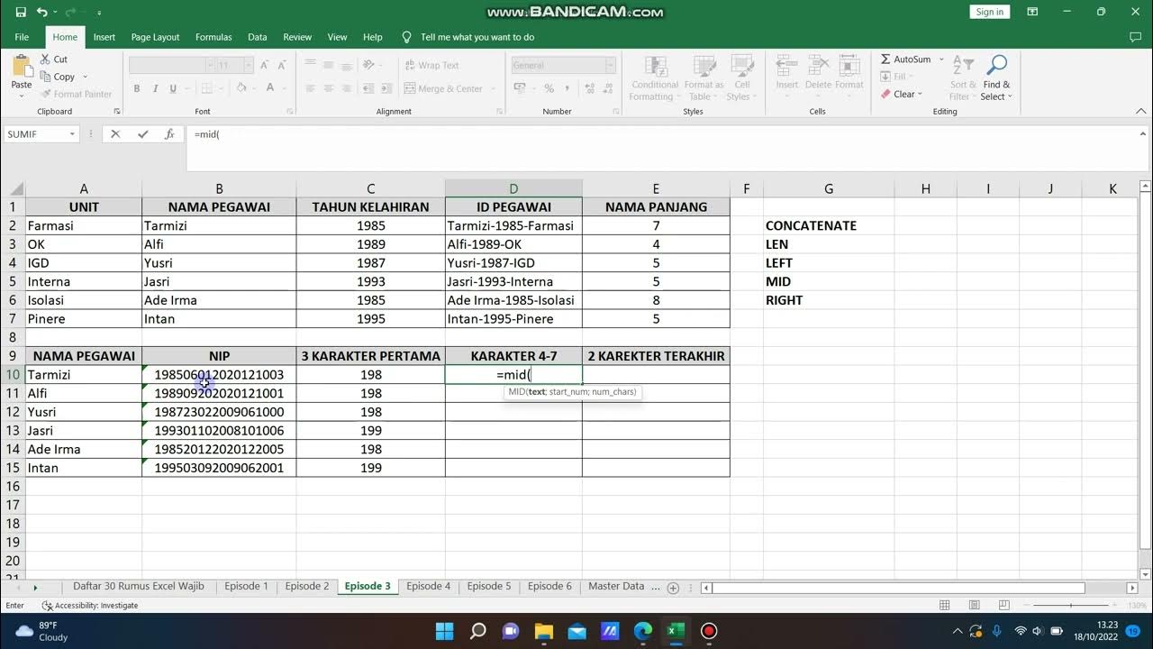 Rumus excel concatenate len left mid right youtube
