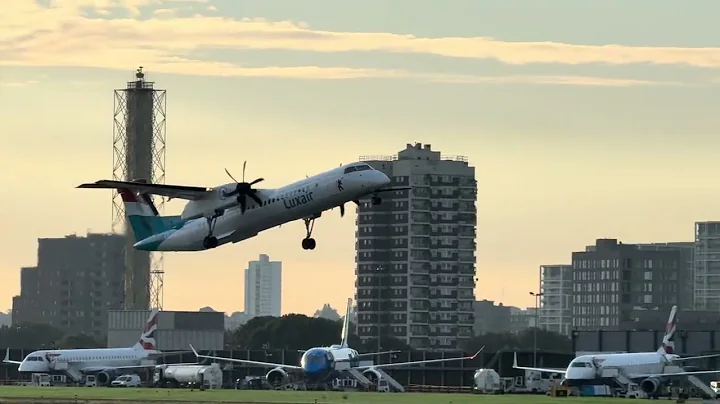 Luxair DHC8-400 taking off from London City Airport