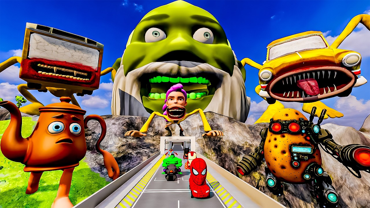 ALL MONSTERS Big & Small: Heroes vs Jump Test with SHREK & SPIDER GIRL EATER - BeamNG.Drive