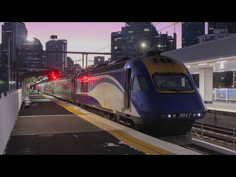 XPT Powercars 2017 and 2014 departing Roma Street heading south back to Sydney Central