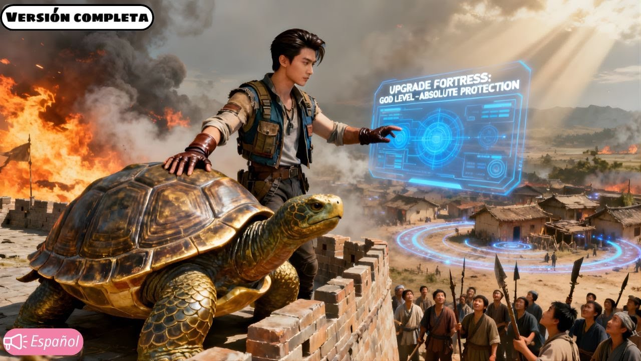 Joven sobrevive en mundo caótico, construye fortaleza y protege su aldea con ayuda de tortuga.