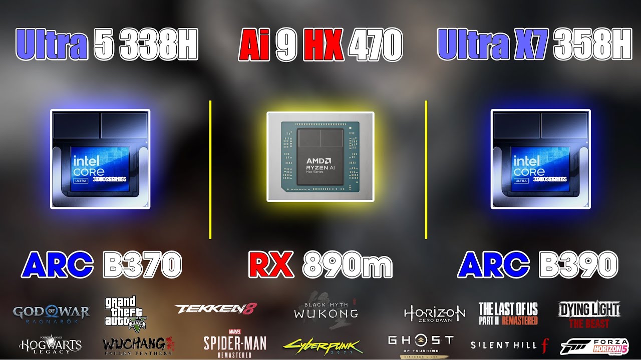 Ultra X7 358H vs Ryzen Ai 9 HX 470 vs Ultra 7 258V | Test Game 1080p (TDP 30W)