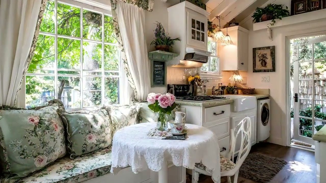 Элегантная кухня в коттеджном стиле с цветочным узором в шалфейно-зеленых тонах (обзор 2026 года)...