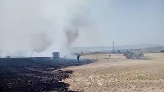 Así sofocan el incendio en un campo de cereal en Puente la Reina