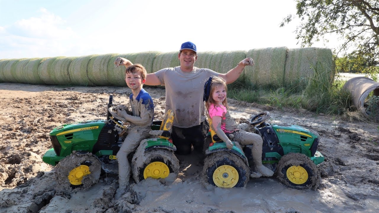 Playing in the mud and getting stuck with kids tractors and real tractors | Tractors for kids