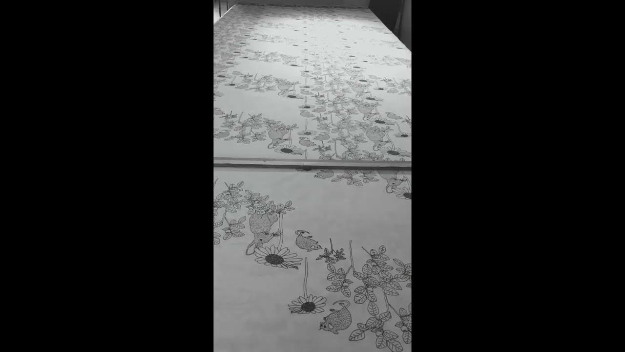 Screen printing repeat pattern printing. Hand printed fabrics by