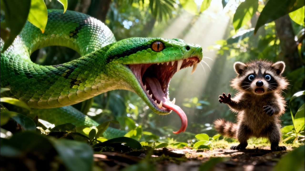 Snake Raccoon Brave Heros Save Baby Raccoon From Giant Python's Scary Attack 🐍 # ...