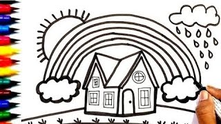 House and Rainbow Drawing, painting and coloring for kids & toddlers | Easy Drawing tips #art