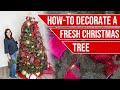 Fresh live christmas tree tutorial  ribbons ornaments lighting and more