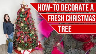 FRESH LIVE Christmas Tree TUTORIAL | Ribbons, Ornaments, Lighting and MORE!!