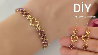 Minik kalpli zarif bileklik & küpe / Tiny heart stud earrings & bracelet. How to make beaded jewelry