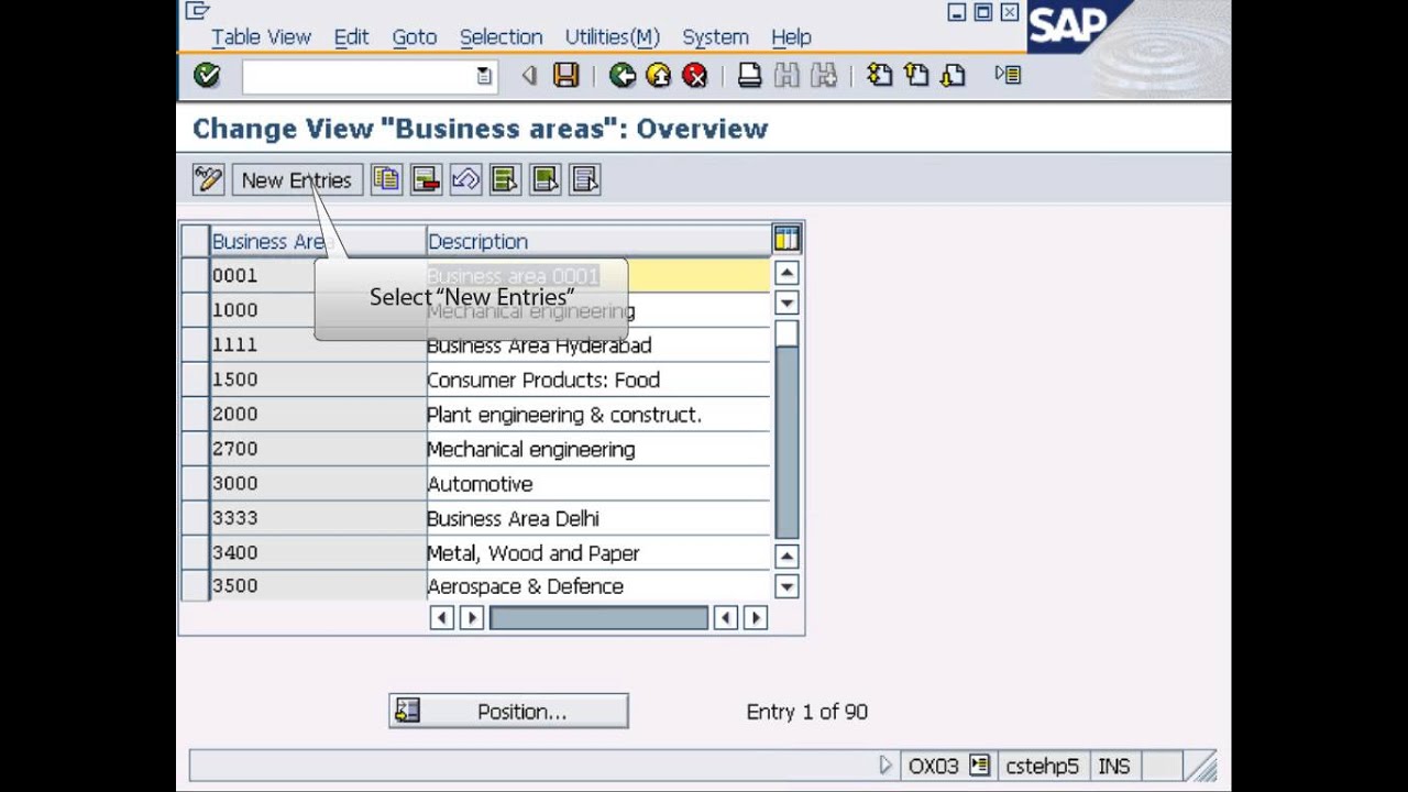 business area assignment table in sap