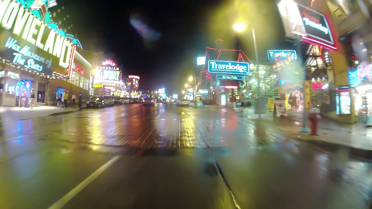 Downtown Niagara Falls on a rainy evening