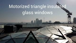 Motorized triangle glass windows for geodesic dome. Aluminum frame, triple glass unit, motor.