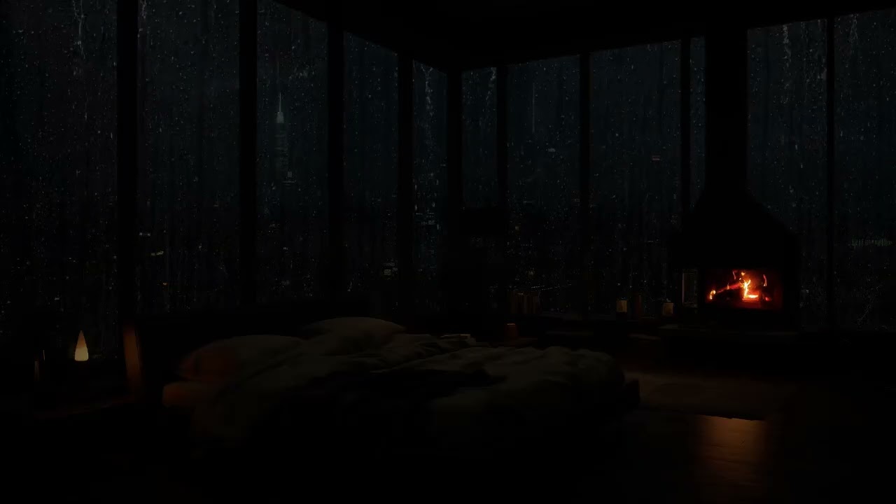 Night Rain in Tokyo High-Rise Bedroom🌧️No Ads| Rain & Fireplace Sounds for Anxiety & Insomnia Relief