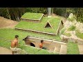 Building underground hut with grass roof  fireplace with clay