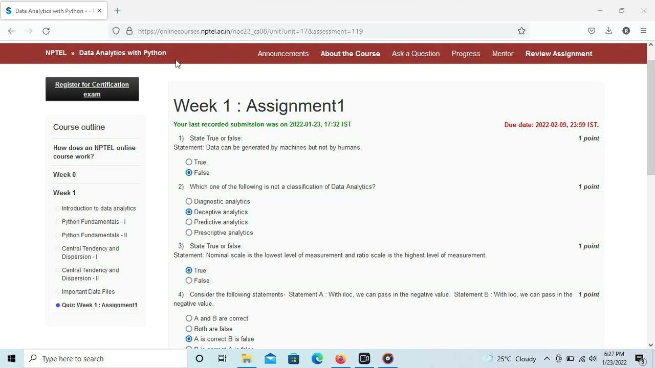 Data Analytics With Python NPTEL SWAYAM Course Week 1 Assignment Answers