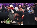 Roman reigns blasts la knight with a spear through the barricade wwe crown jewel 2023 highlights