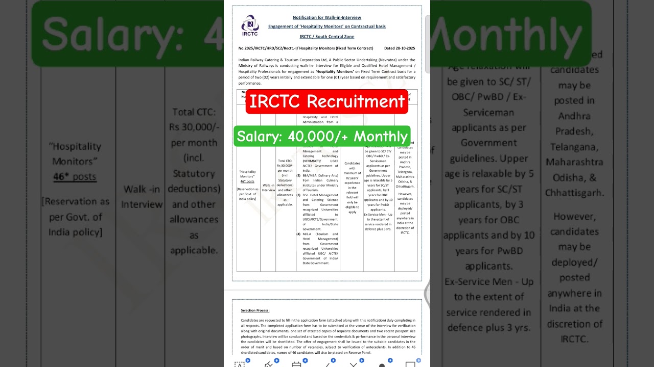 IRCTC Hospitality Monitor Recruitment 2025 