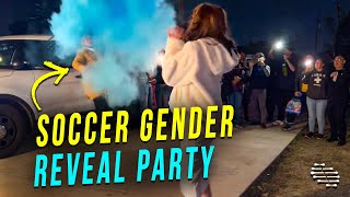 A Soccer Gender Reveal Party as Lady Throws Ball, Pops Out With Color, to Husband