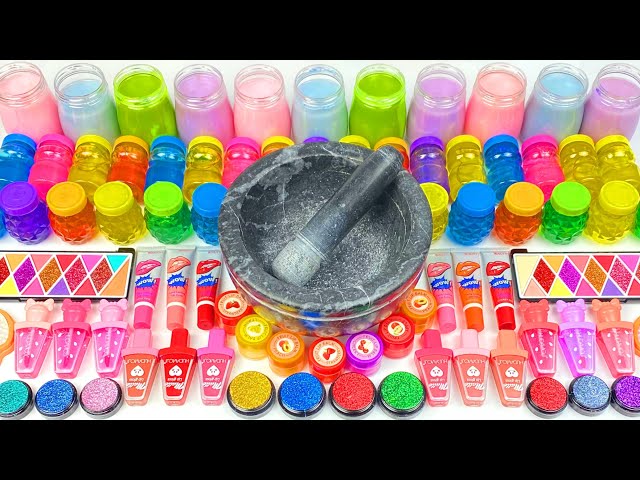 Satisfying Video with Makeup Cosmetics Glitter Eyeshadow Beads into Glossy Slime Mixing ASMR