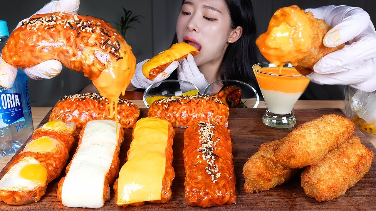 ⁣길어서 더더 맛있는 롱불닭쌈 & 롱치즈돈까스 먹방 ASMR MUKBANG | Long Spicy Fire Chicken Noodle Wraps 🔥 Cheese Pork Cu