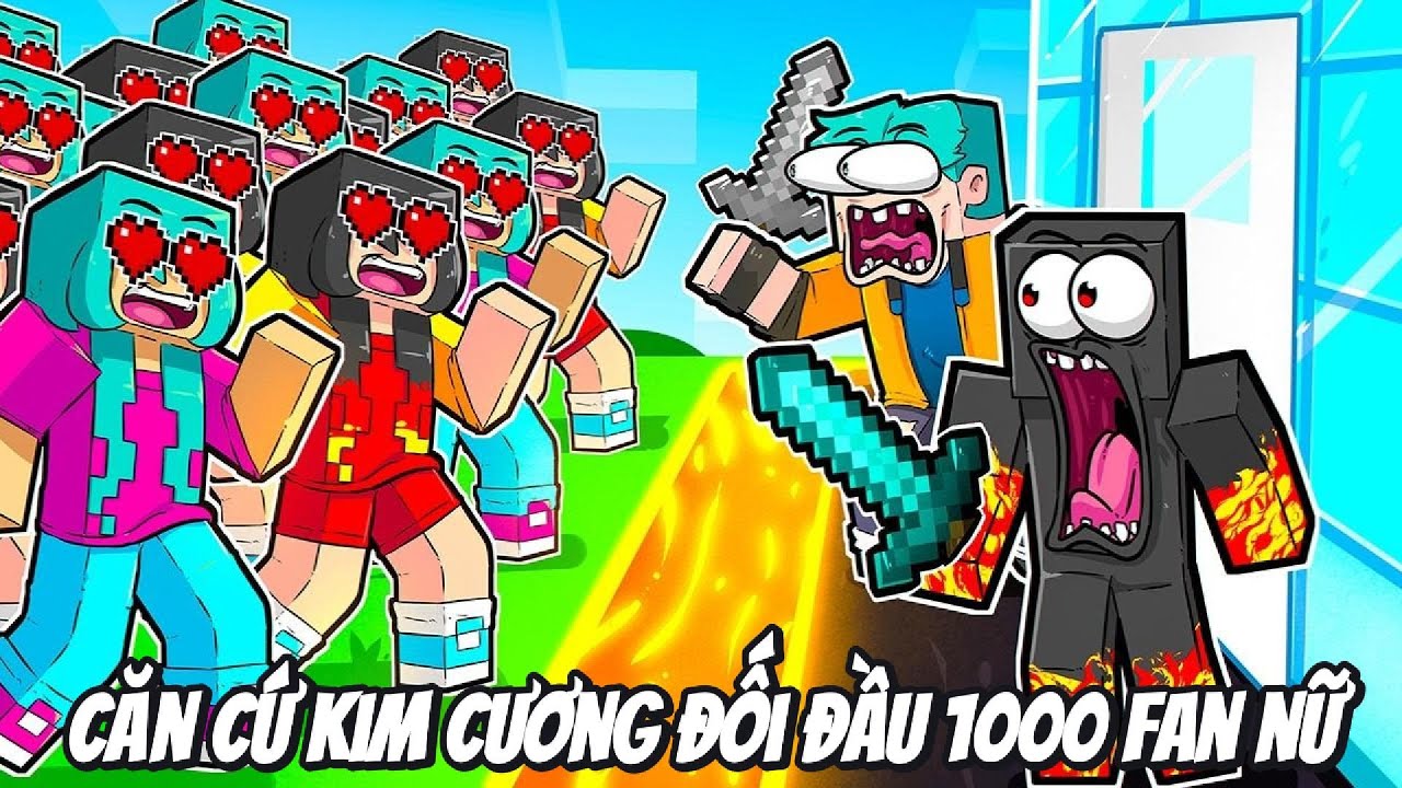 Thử Thách Xây Dựng Căn Cứ Kim Cương Đối Đầu 1000 Fan Nữ Cuồng Nhiệt Trong Minecraft Siêu Bất Ổn 🤣