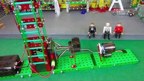 MECCANO MEN USE SOME PARTS FROM SET 19605, INTRO TO ROBOTICS, TO BUILD THE PROFESSOR A WIND TURBINE