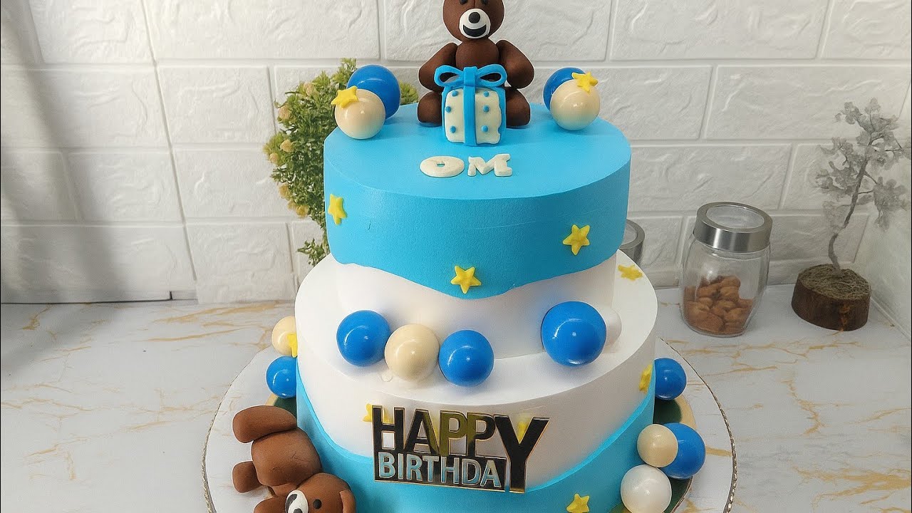 Beautiful Teddy Bear Theme Birthday Cake | Perfect Blue & White Two-Tier Design 🧸