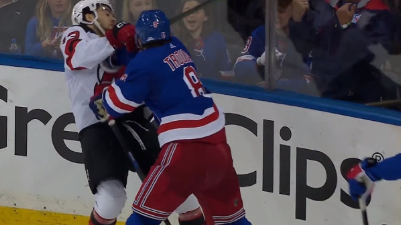 Rangers' Jacob Trouba throws enormous hit on Devils' Timo Meier