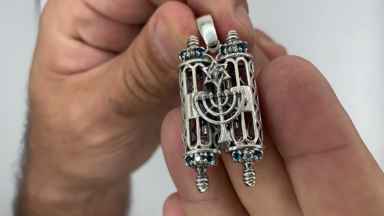 SA538-LB - Silver 925 Mezuzah \ Torah-book necklace set with Blue and white CZ