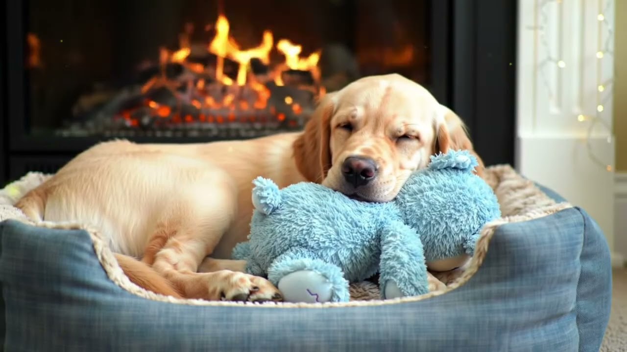 Музыка собак сон 🐶 Уютный камин и мягкая игрушка атмосфера для спокойствия и помощи щенкам отдыхает