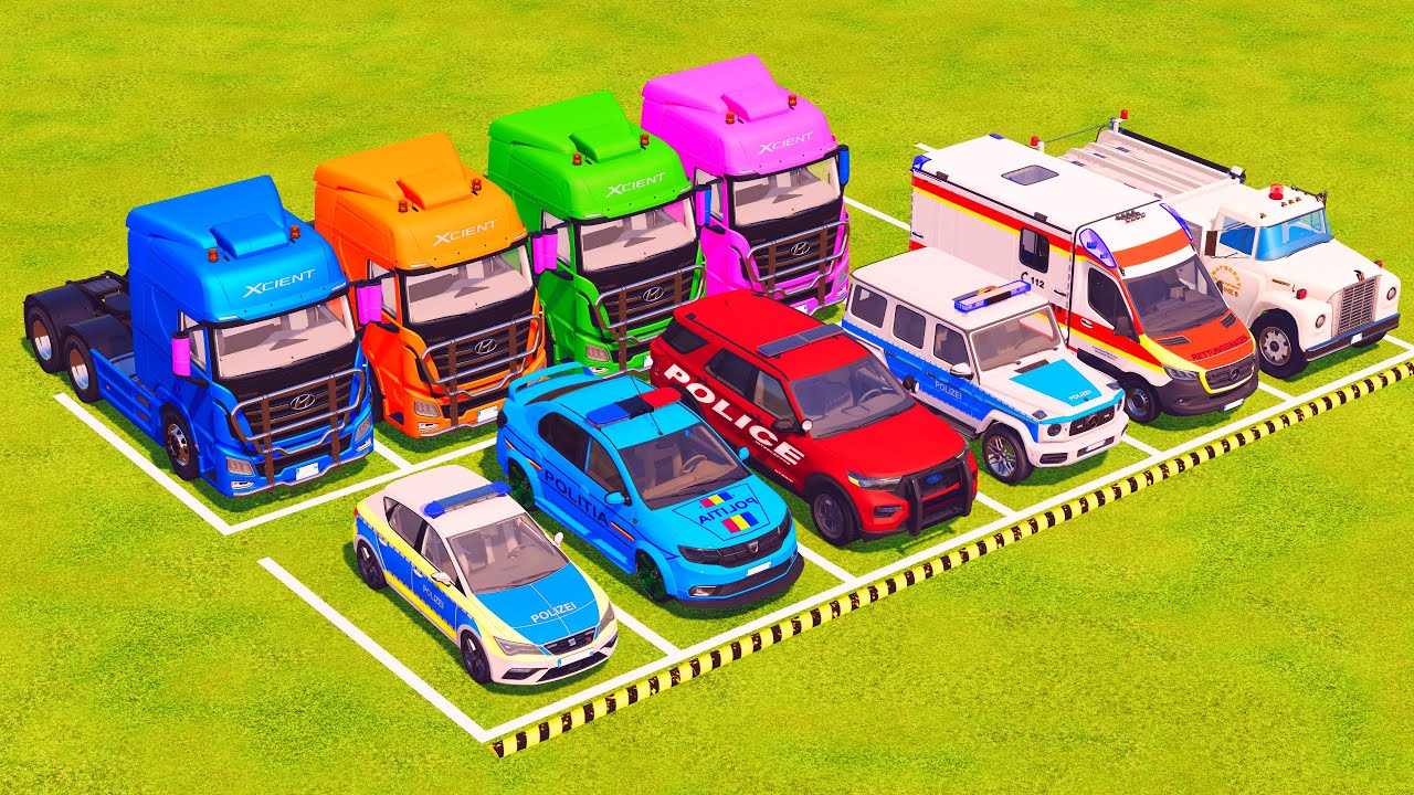 VUS GAME - TRANSPORTING POLICE CARS, FIRE DEPARTMENT, AMBULANCE VEHICLES WITH TRUCKS - FS22 