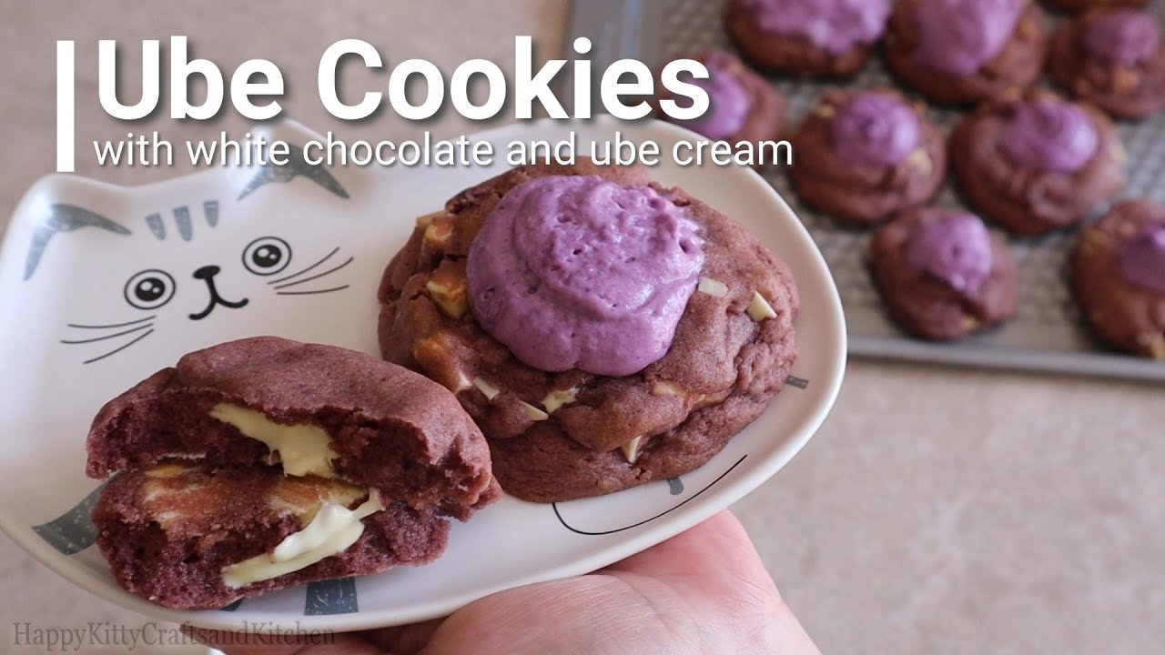 White Chocolate Ube Cookies & Ube Cream-كوكيز الأوبي والكاكاو الأبيض مع كريمة أوبي/HappyKittyKitchen