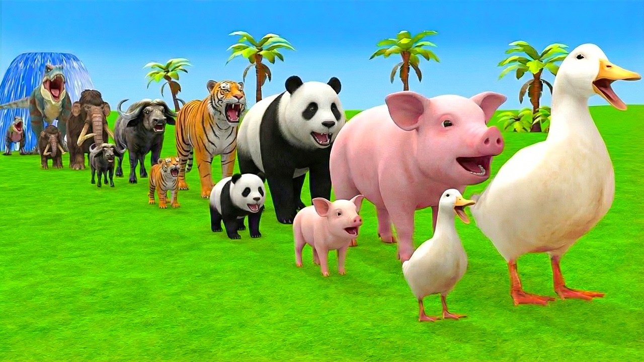 Long Slide Game With Elephant Gorilla Buffalo Hippopotamus Tiger - 3d Animal Game - Funny 3d Animals