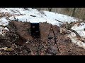 Winter camping in underground bunker  wake up in snowstorm  bushcraft  emergency survival shelter