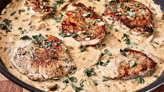Ready in 30 minutes! Pork steaks in a creamy mushroom and garlic sauce !