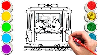 Peppa Pig family riding in a Tram Easy and Cute drawing easy with colours