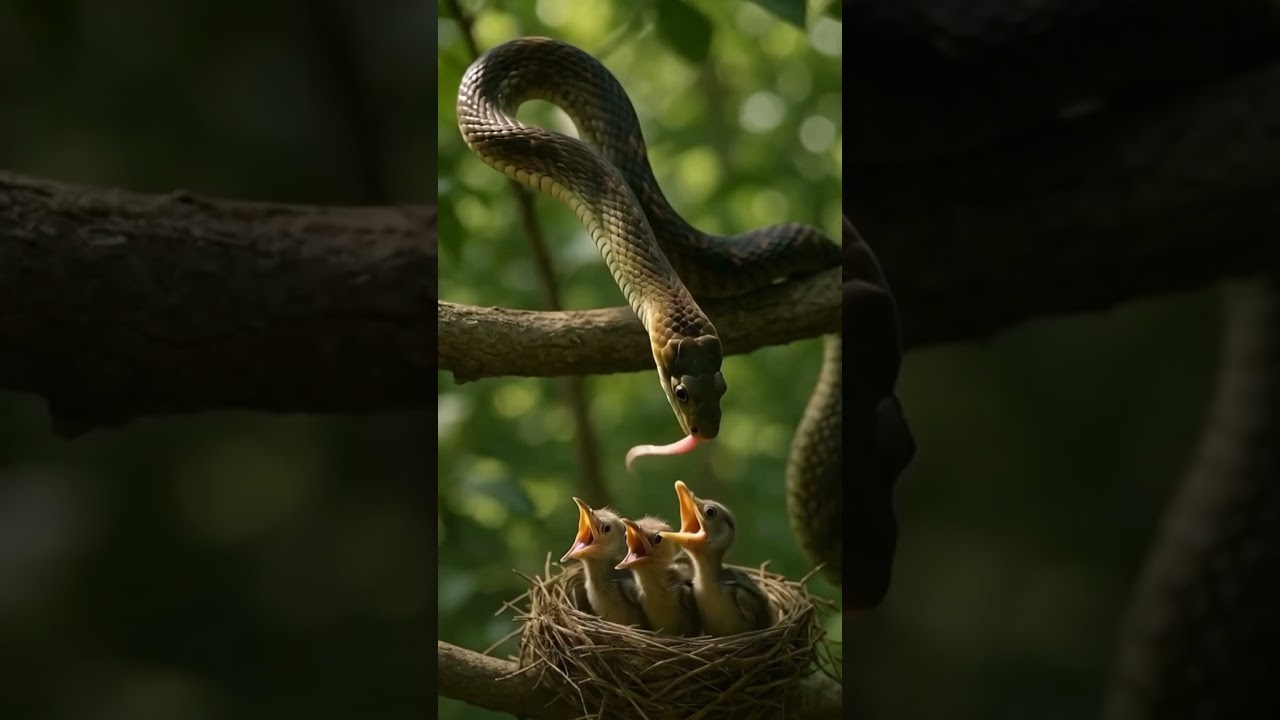 Predator's Gaze: A Moment of Survival in the Forest🐍🐦 