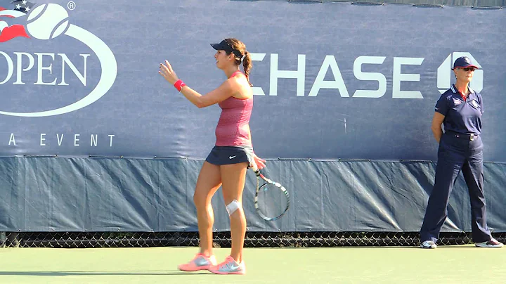Maria Sanches is upset after a bad line call at th...