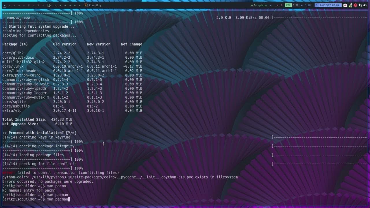 ArcoLinux 3156 Pacman update conflicting files python cairo